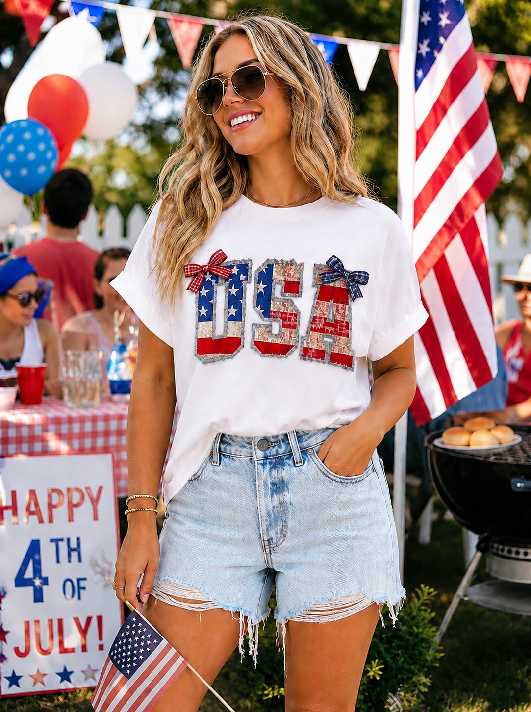 Favorite Faux Quilted USA Comfort Color Tee White