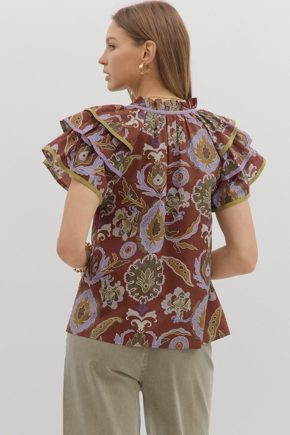 Evelyn Tiered Ruffle Sleeve Top Red Bean