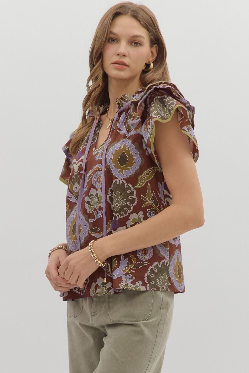 Evelyn Tiered Ruffle Sleeve Top Red Bean