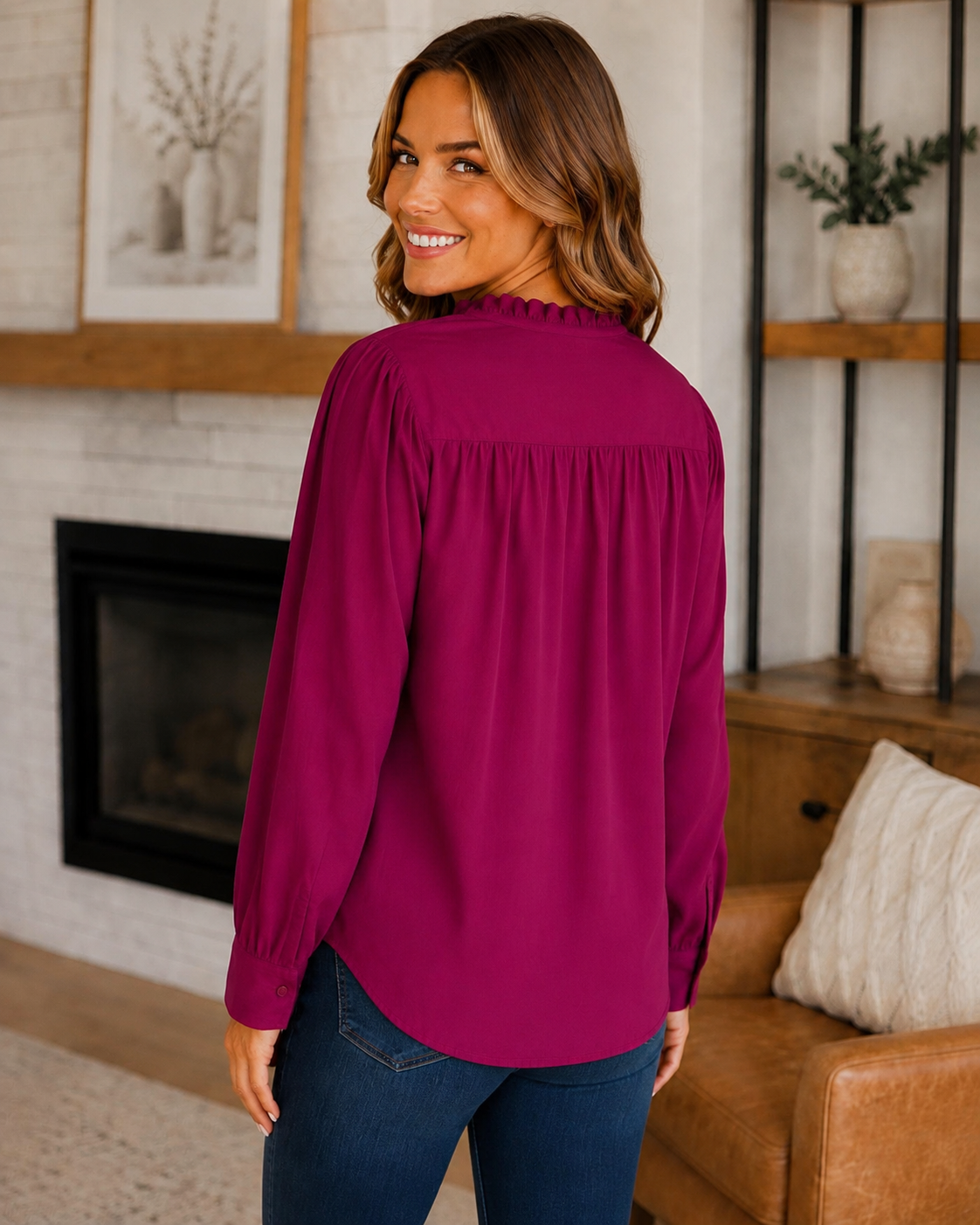 Lydia Long Sleeve Solid Crinkled Top Magenta