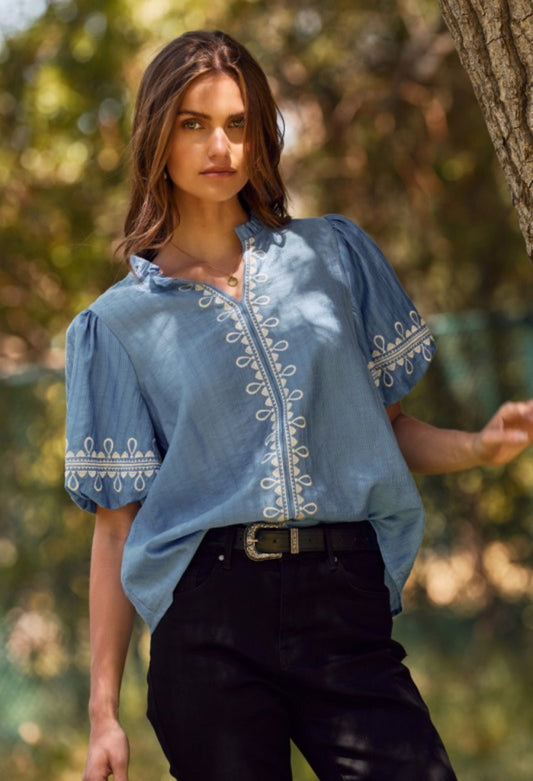 Bethany Embroidered Bubble Sleeve Blouse Azure Blue