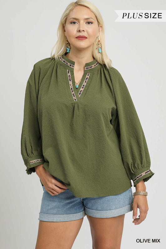 Allie Animal Print Trim V Neck Collared Top Olive