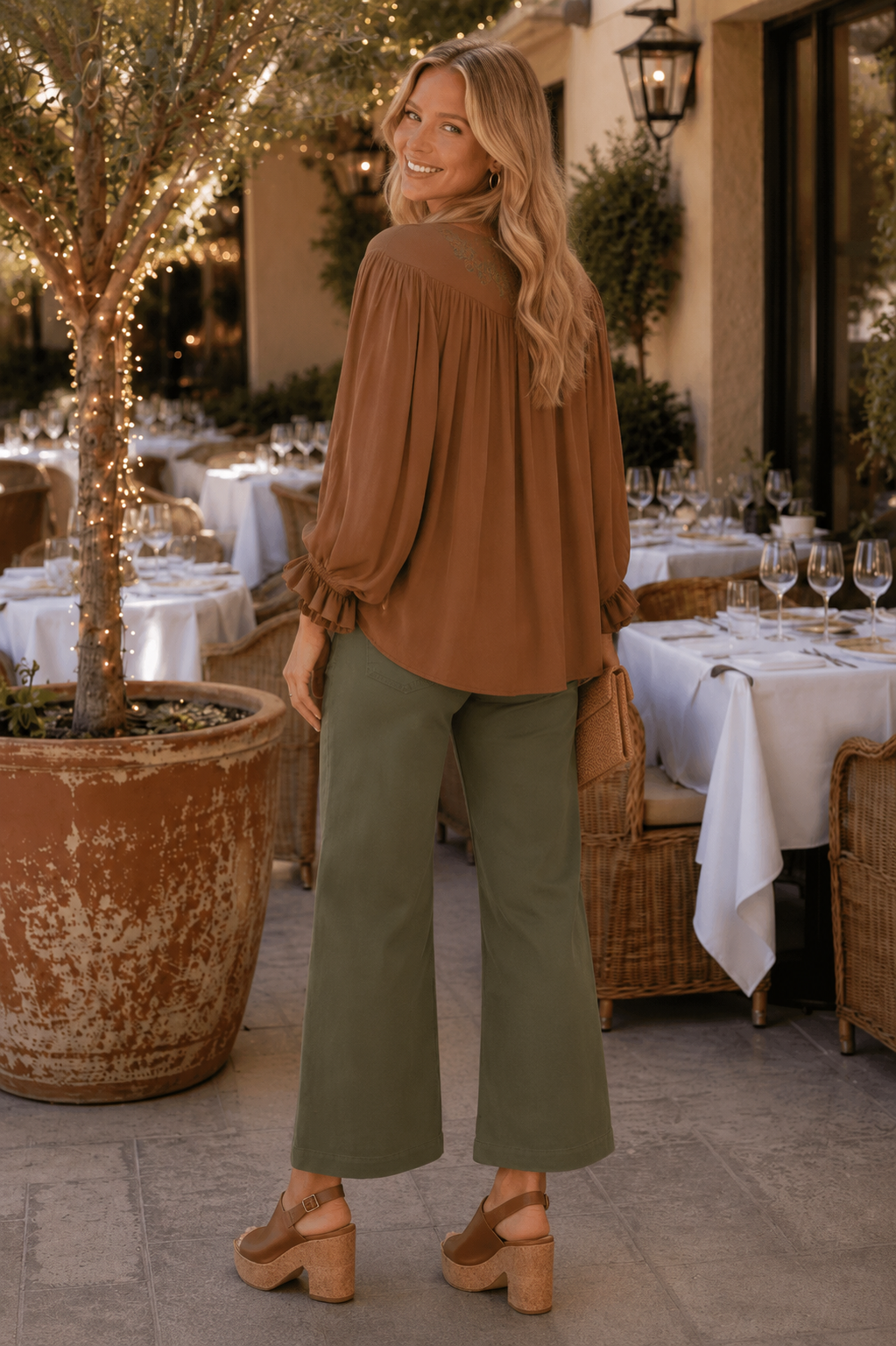 Belinda Boho Floral Contrast Trim V Neck Blouse Brown