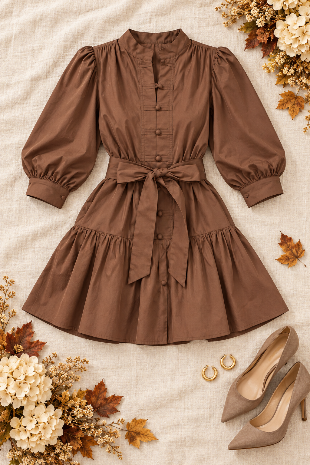 Samantha Solid 3/4 Balloon Sleeve Dress Brown