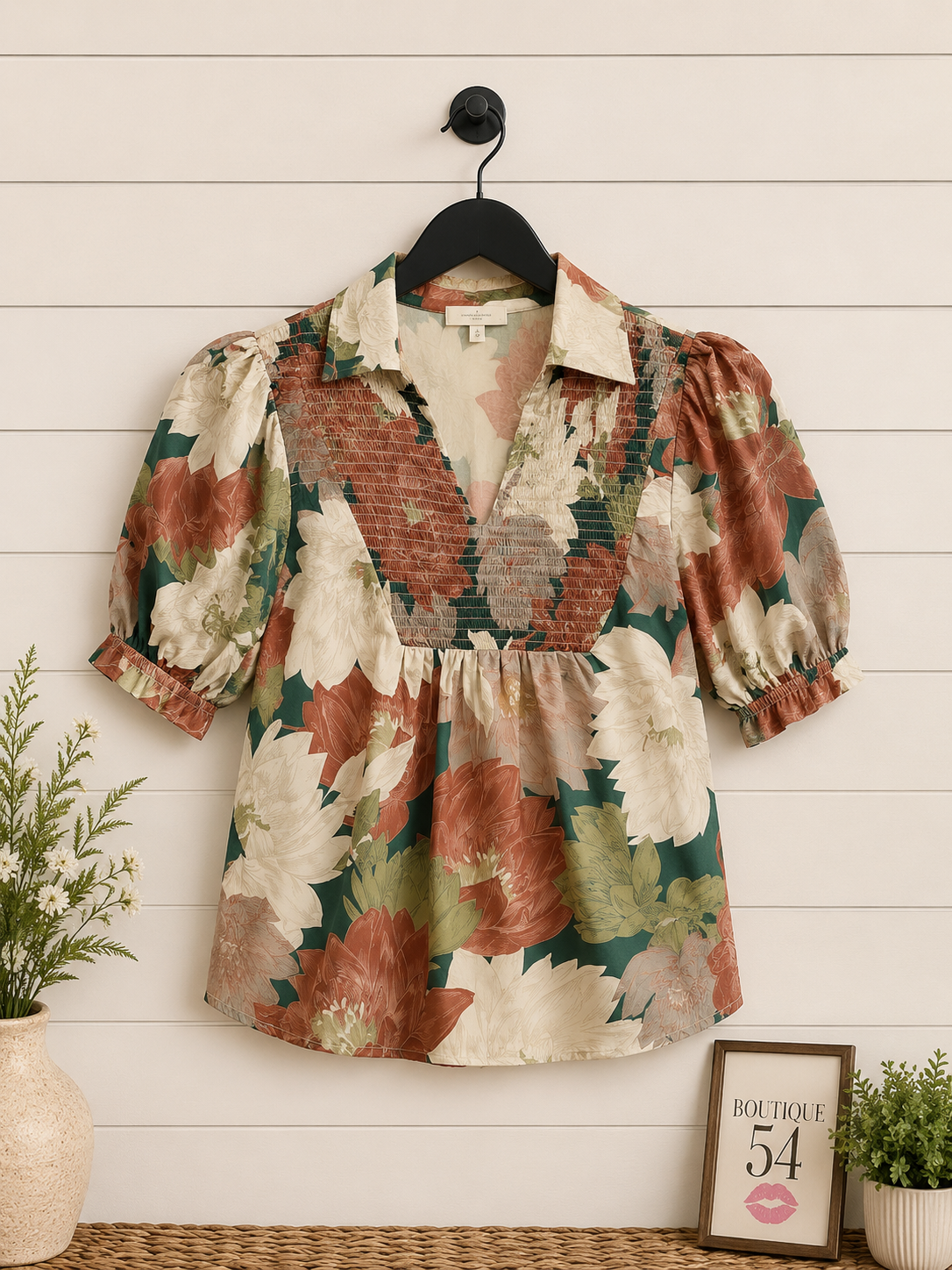 Foster Floral Print Puff Sleeve Smocked V Neck Top Teal