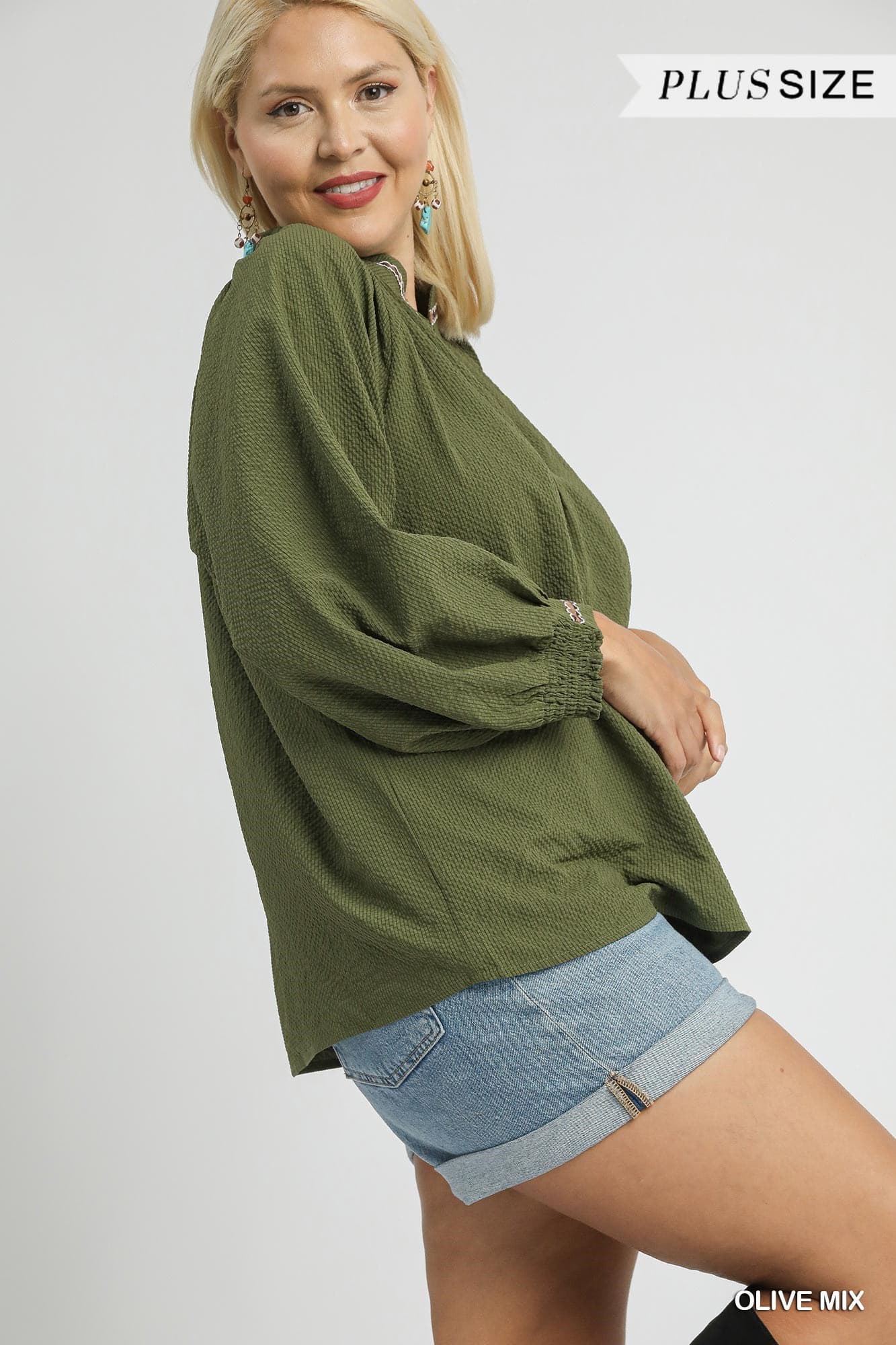 Allie Animal Print Trim V Neck Collared Top Olive