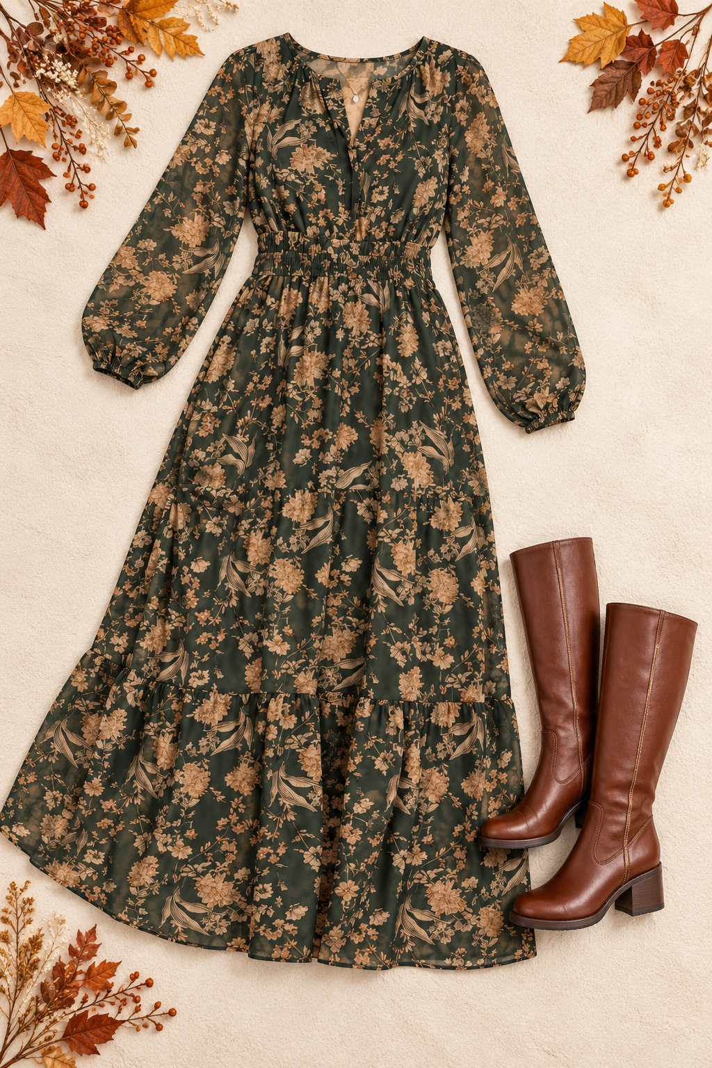 Leonora Long Sleeve Floral Tiered Maxi Dress Sea Green