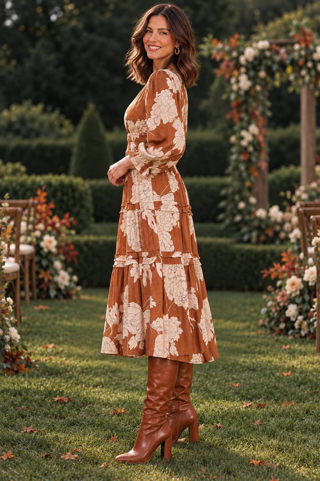 Palmer 3/4 Sleeve Floral Tiered Midi Dress Caramel