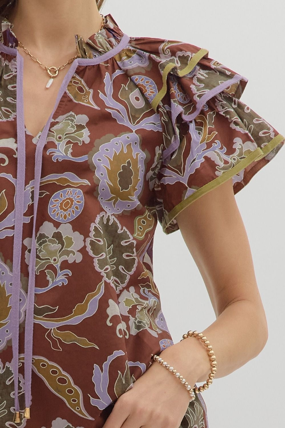 Evelyn Tiered Ruffle Sleeve Top Red Bean