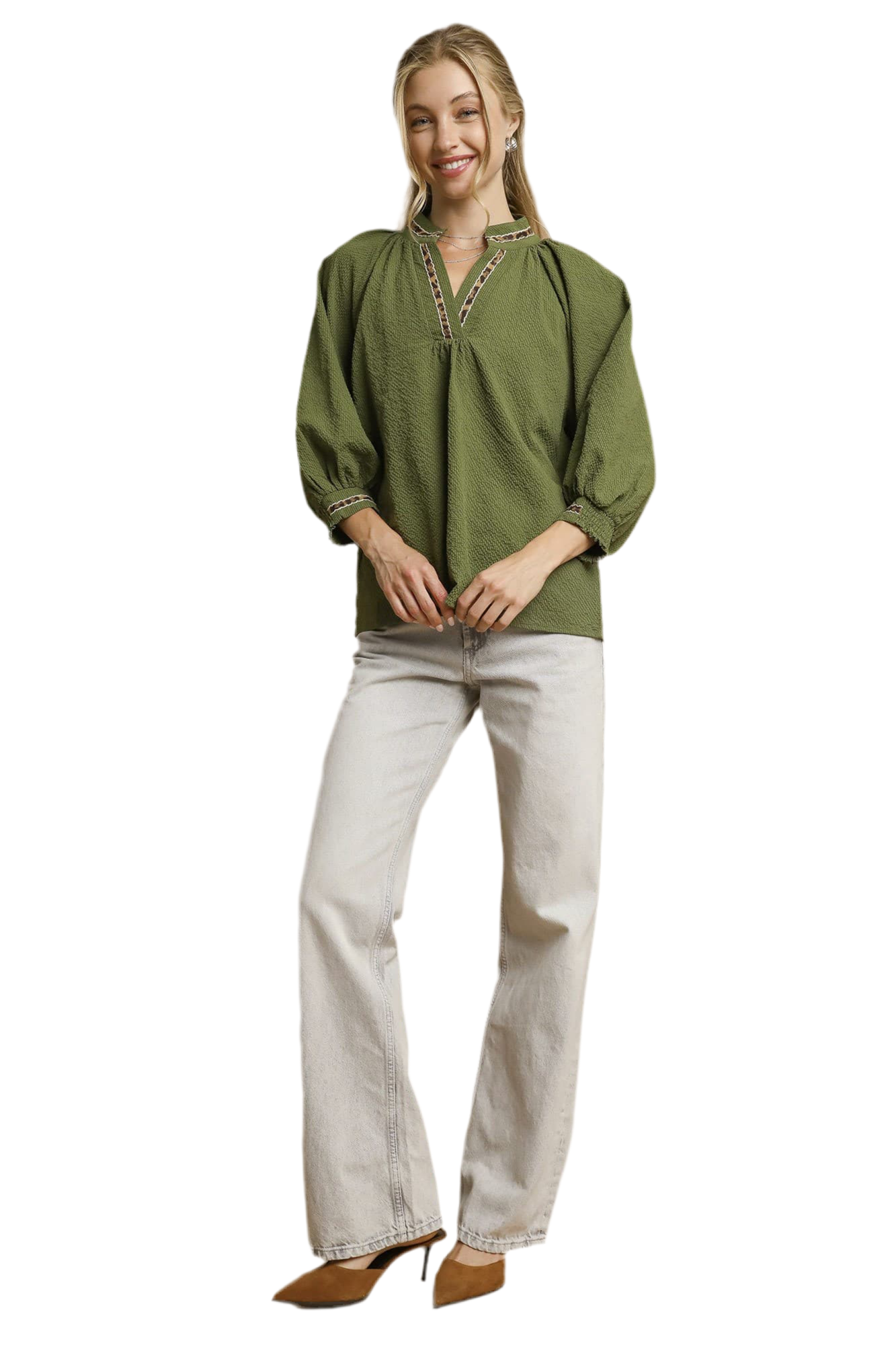 Allie Animal Print Trim V Neck Collared Top Olive
