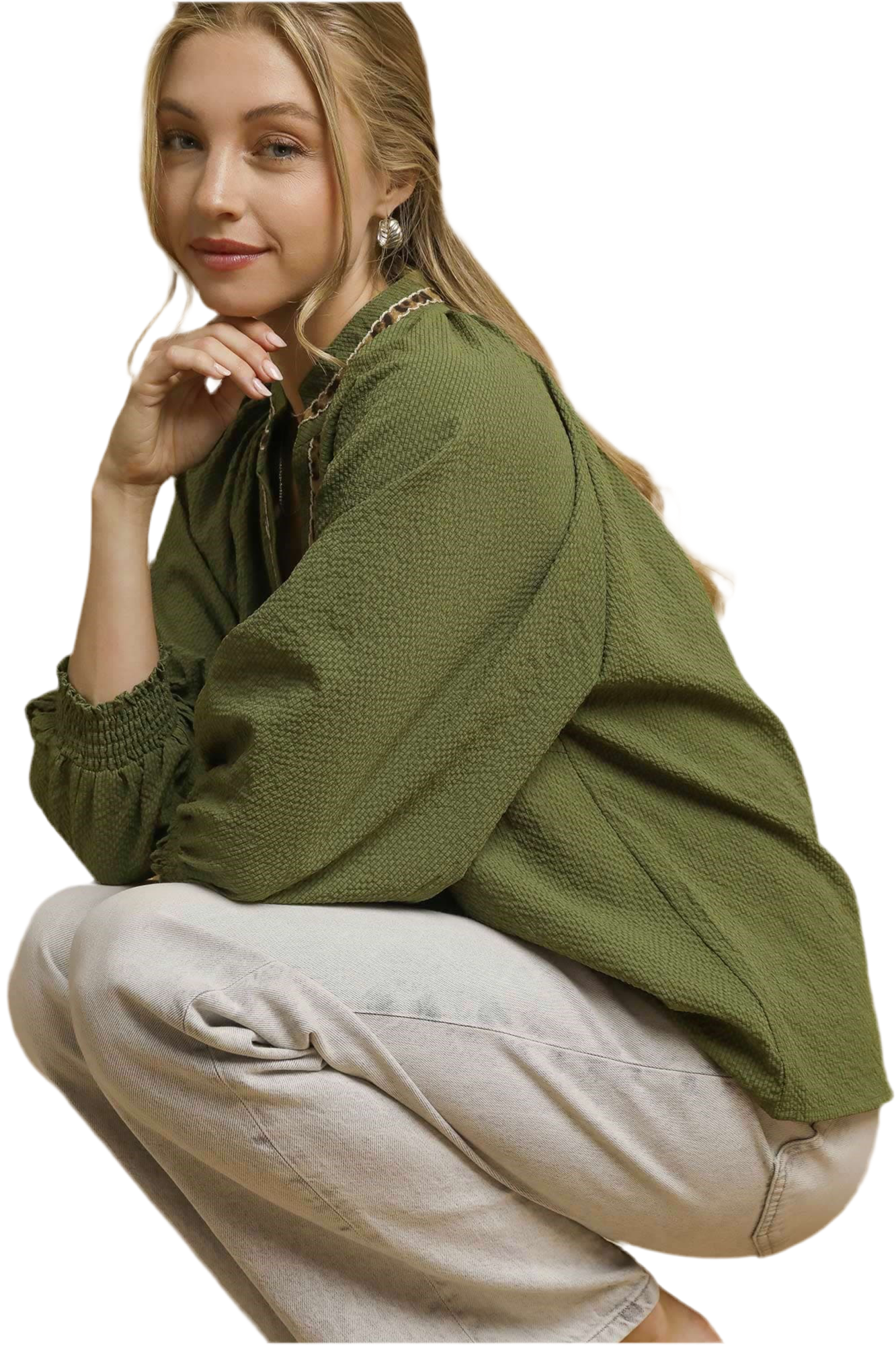 Allie Animal Print Trim V Neck Collared Top Olive