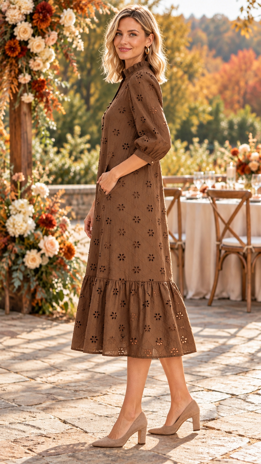 Skylar Solid 3/4 Puff Sleeve Dress Brown