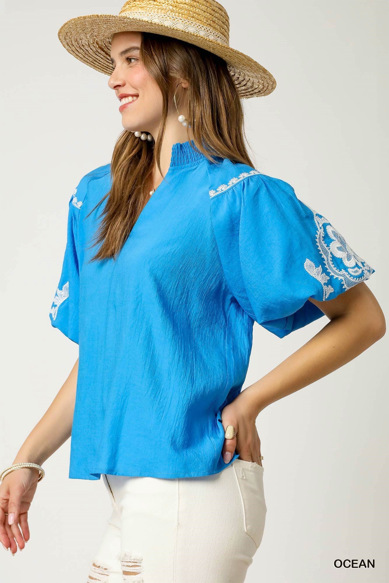 Boho Beauty Embroidered Sleeve Blouse Ocean