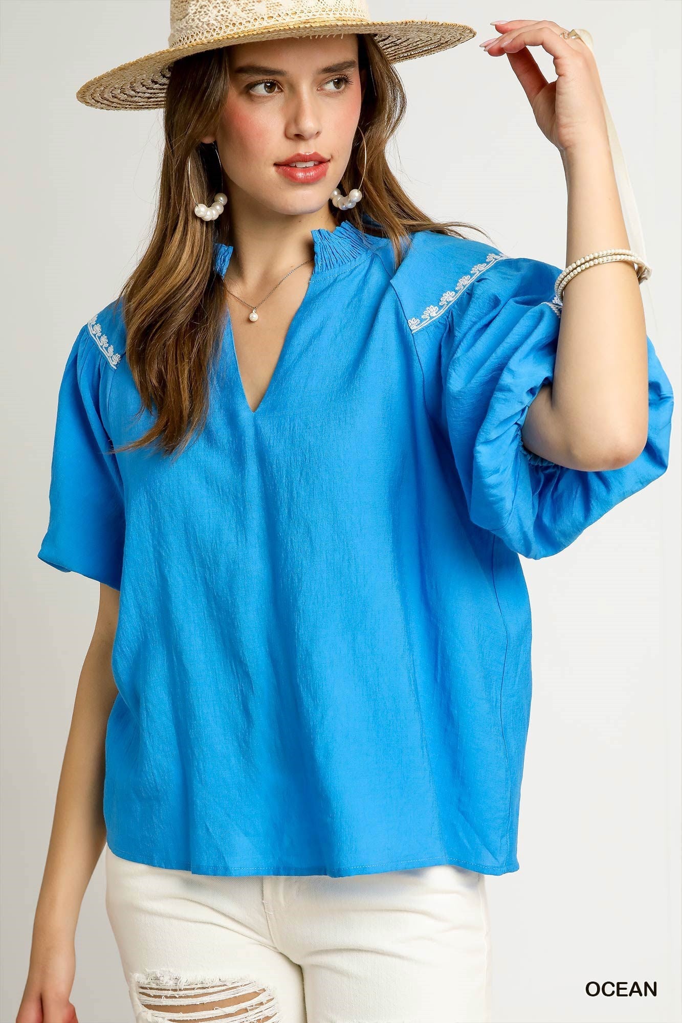 Boho Beauty Embroidered Sleeve Blouse Ocean
