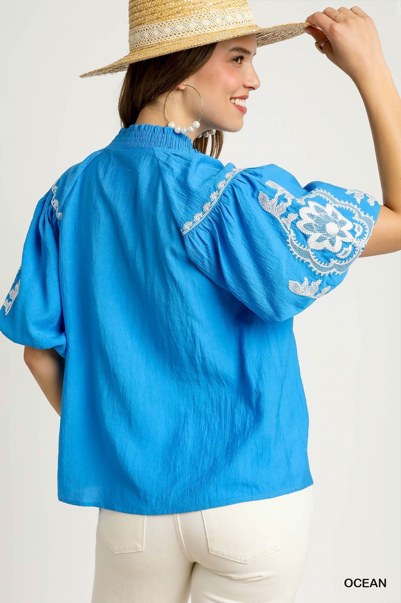 Boho Beauty Embroidered Sleeve Blouse Ocean