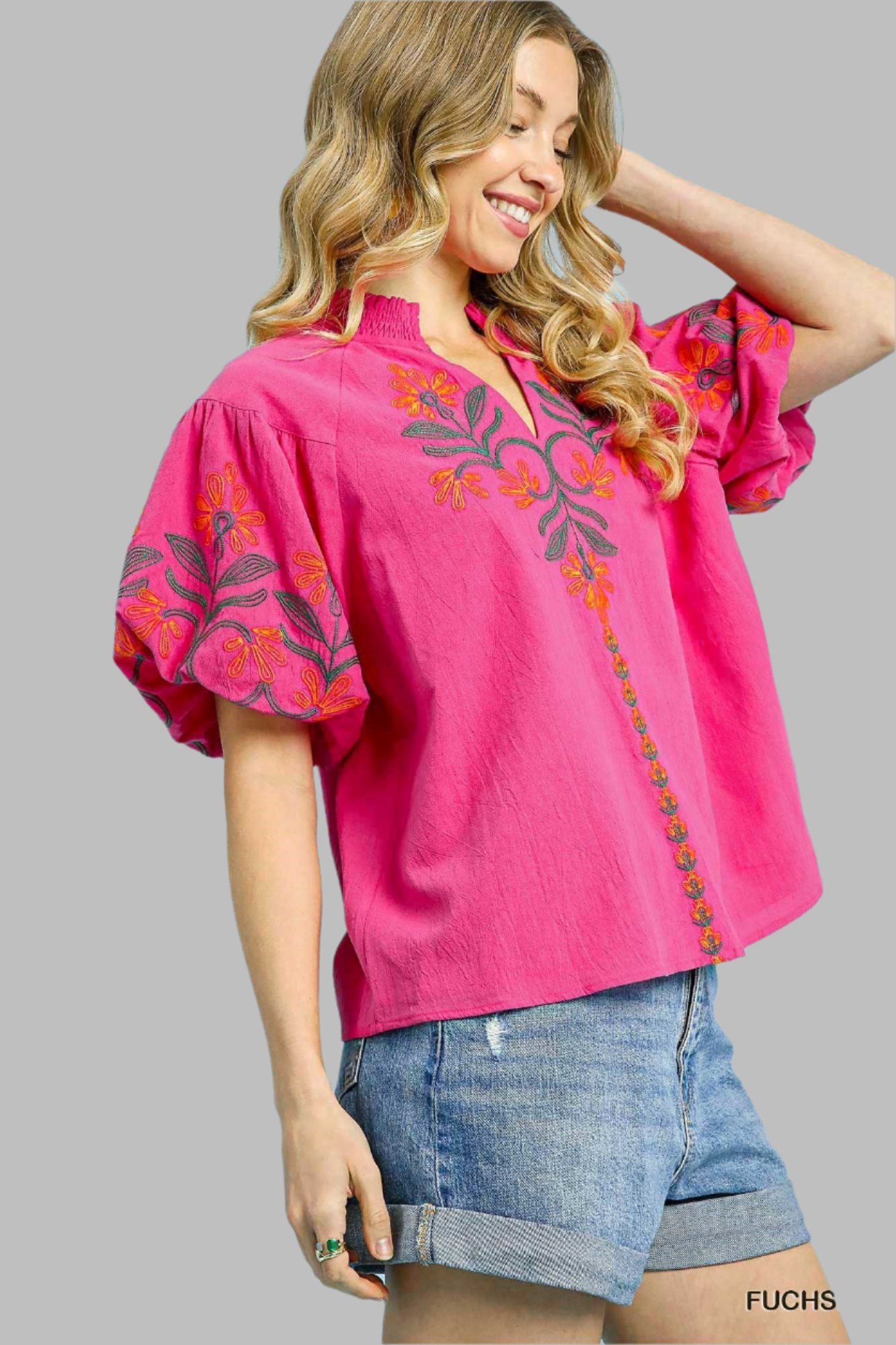 Faye Floral Embroidered Puff Sleeve Top Fuchsia