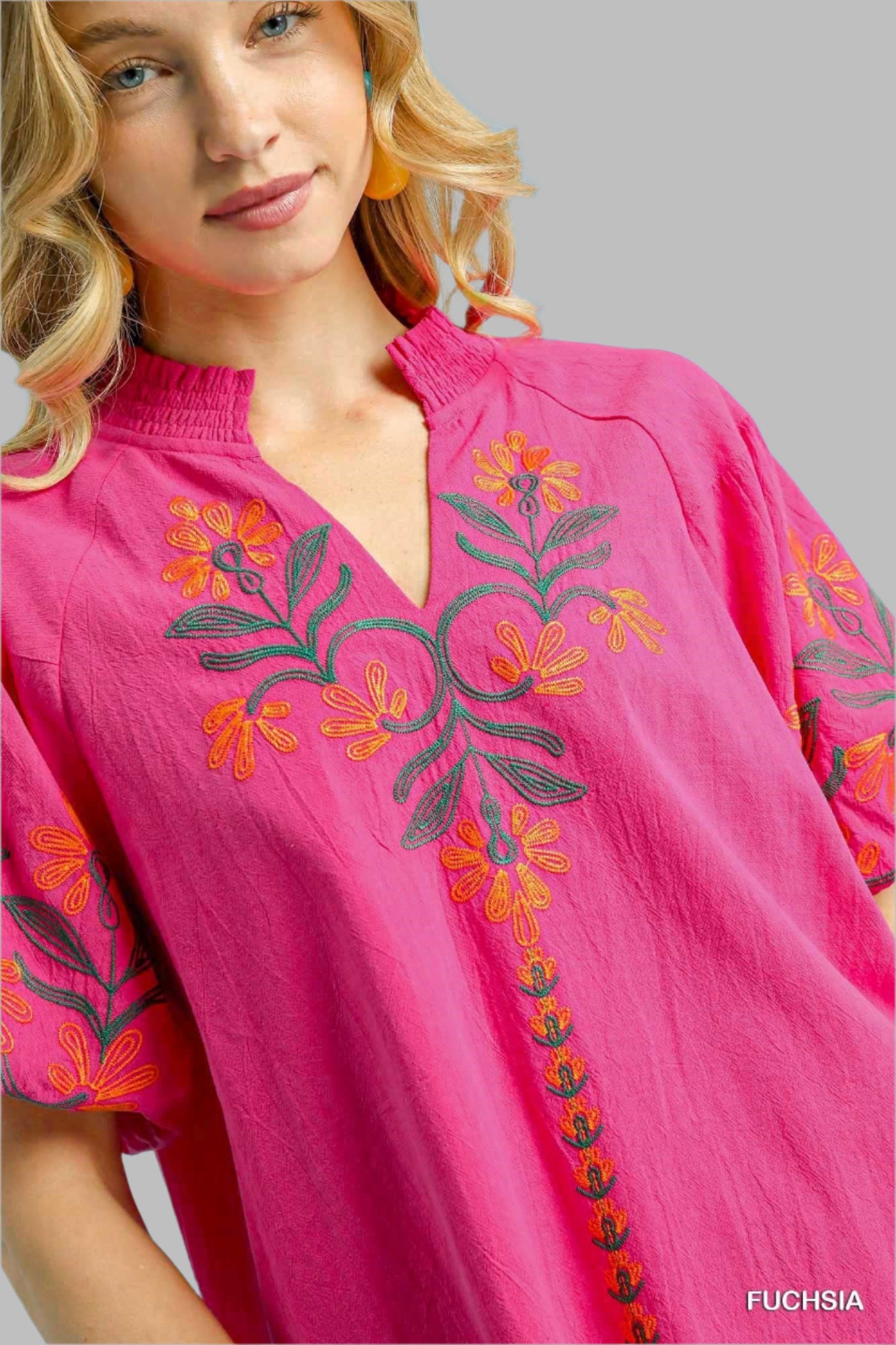 Faye Floral Embroidered Puff Sleeve Top Fuchsia