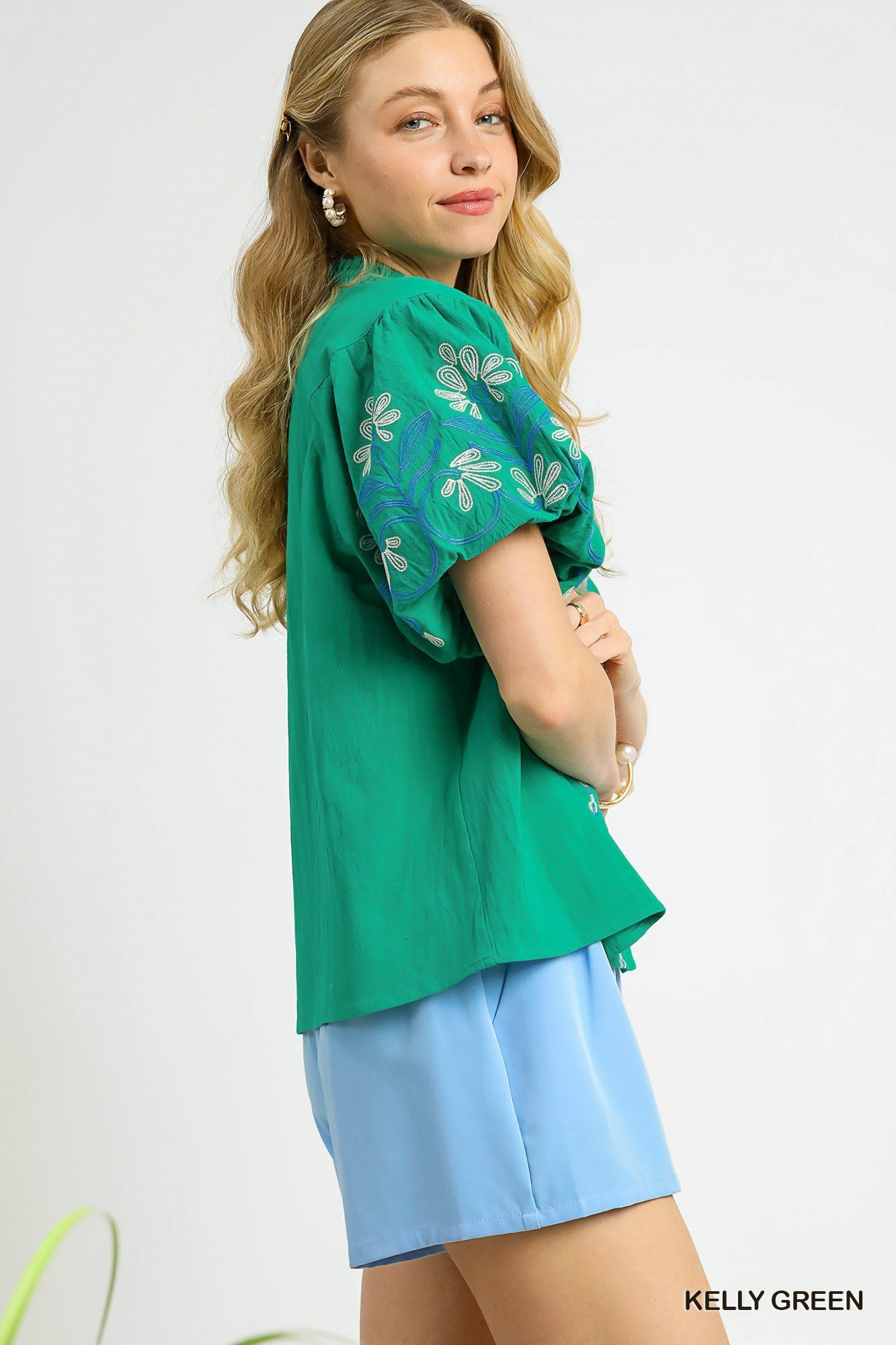 Faye Floral Embroidered Puff Sleeve Top Kelly Green