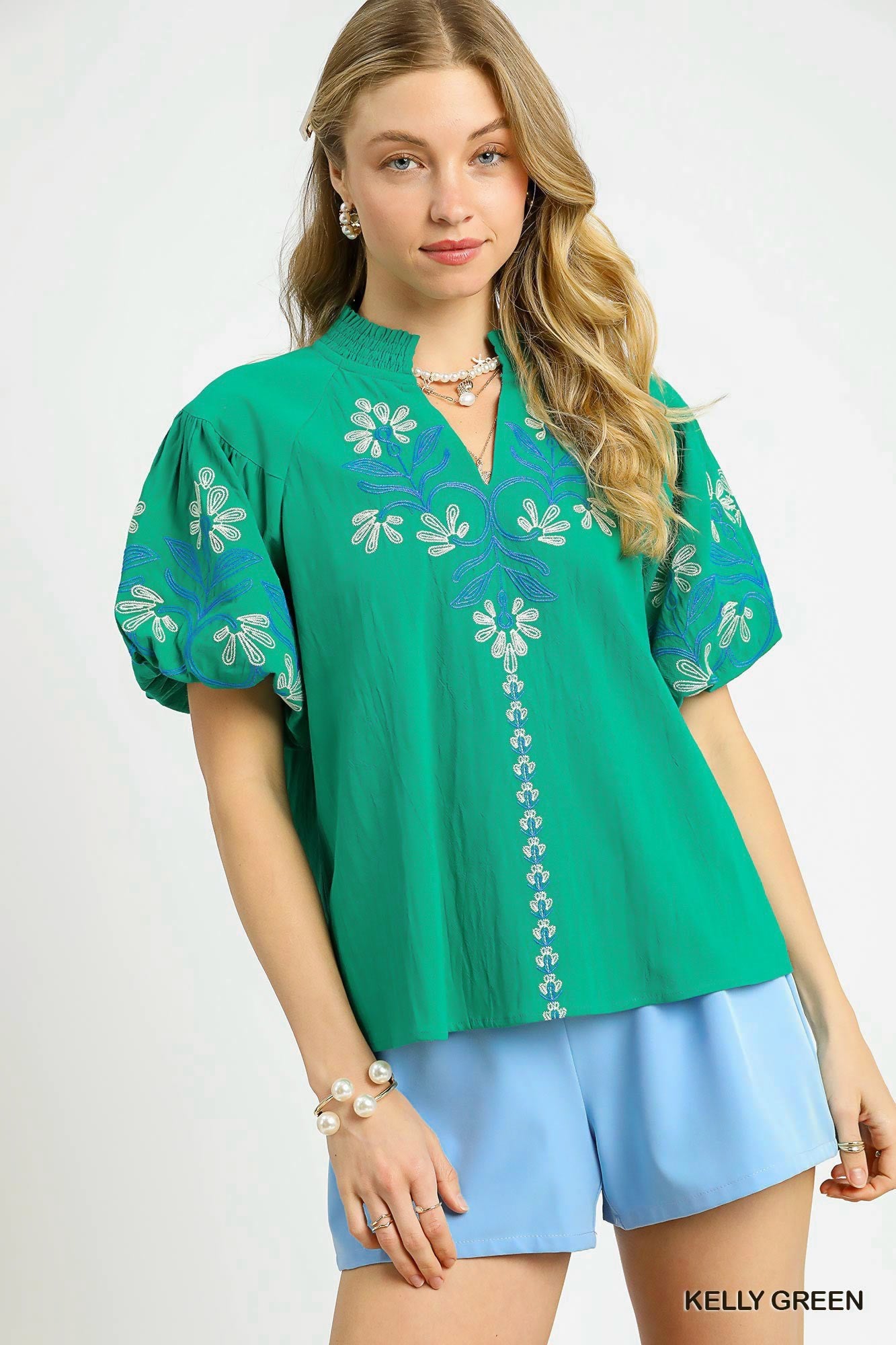 Faye Floral Embroidered Puff Sleeve Top Kelly Green