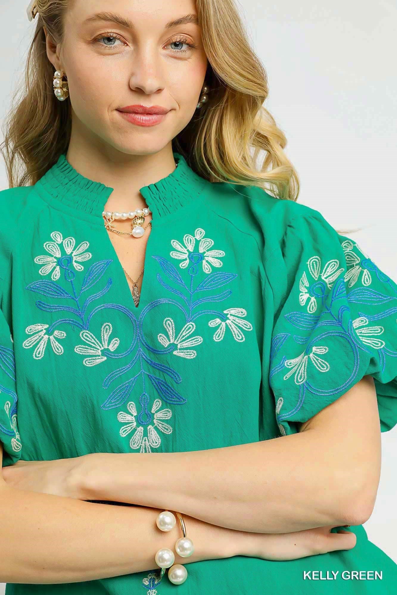 Faye Floral Embroidered Puff Sleeve Top Kelly Green