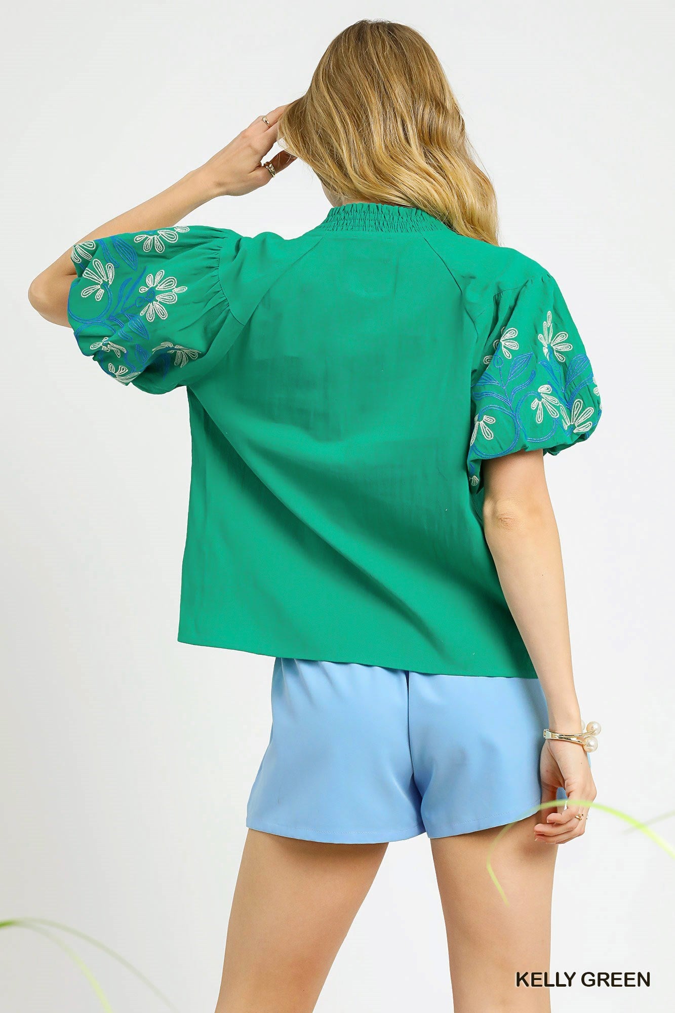 Faye Floral Embroidered Puff Sleeve Top Kelly Green