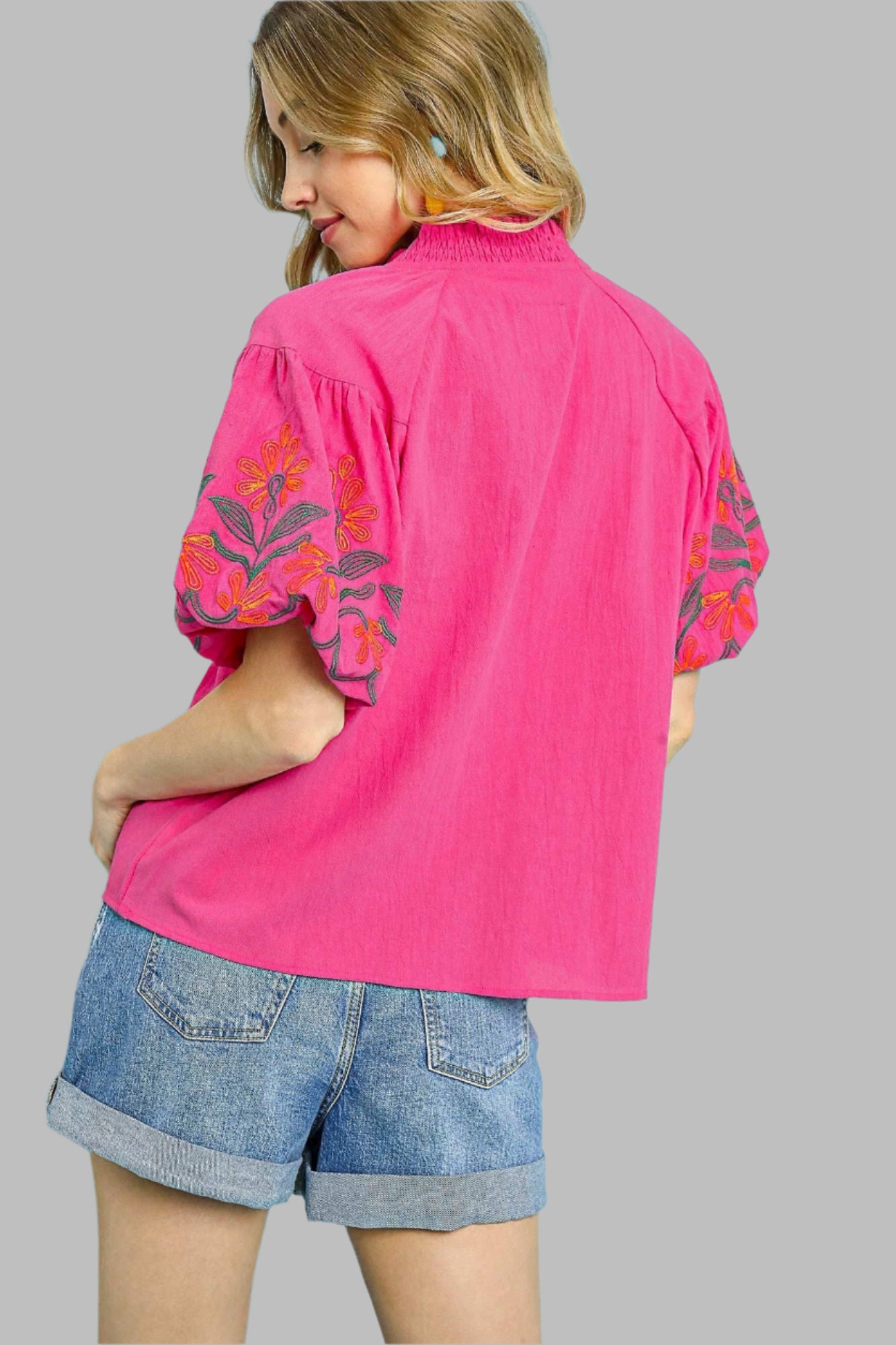 Faye Floral Embroidered Puff Sleeve Top Fuchsia