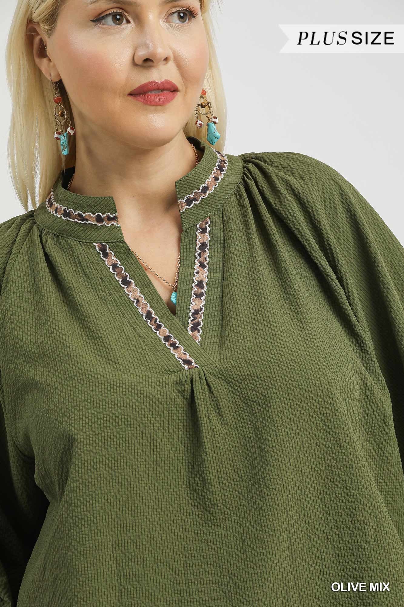 Allie Animal Print Trim V Neck Collared Top Olive