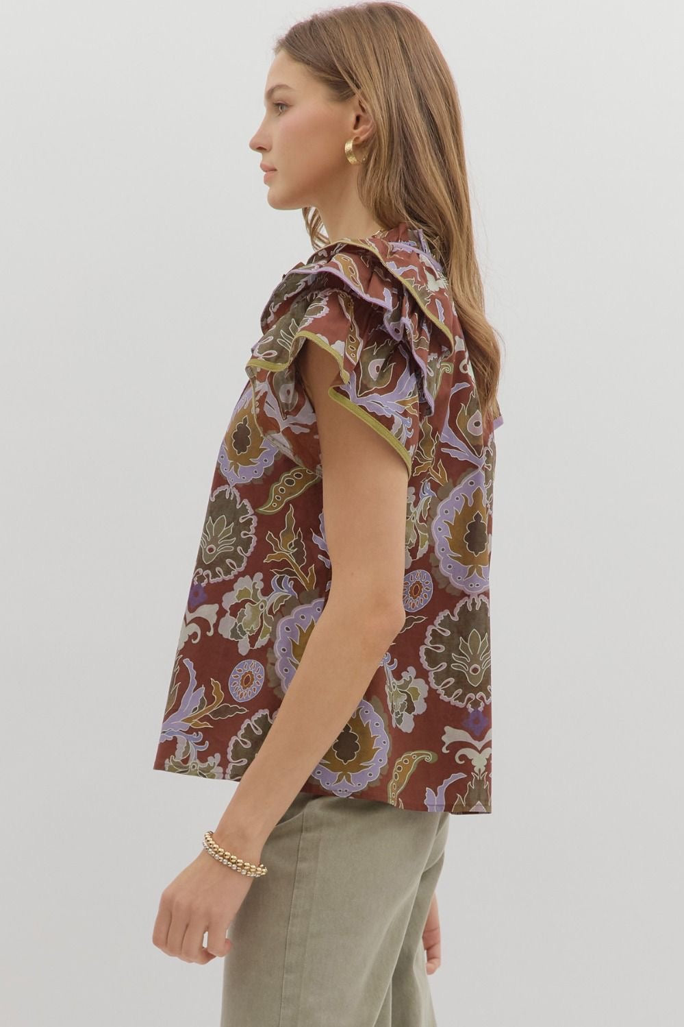 Evelyn Tiered Ruffle Sleeve Top Red Bean