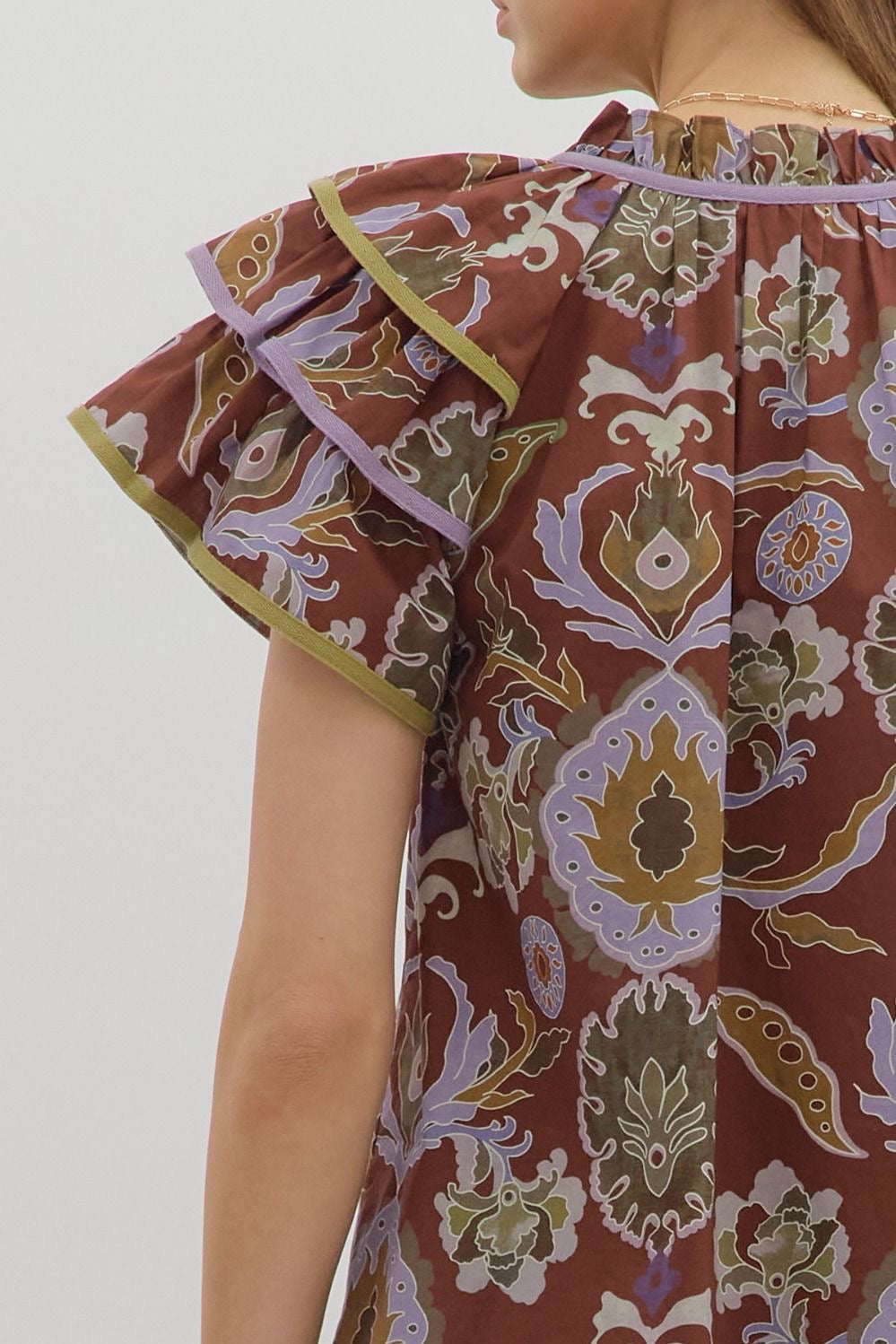 Evelyn Tiered Ruffle Sleeve Top Red Bean