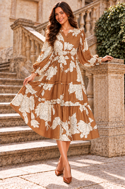 Palmer 3/4 Sleeve Floral Tiered Midi Dress Caramel