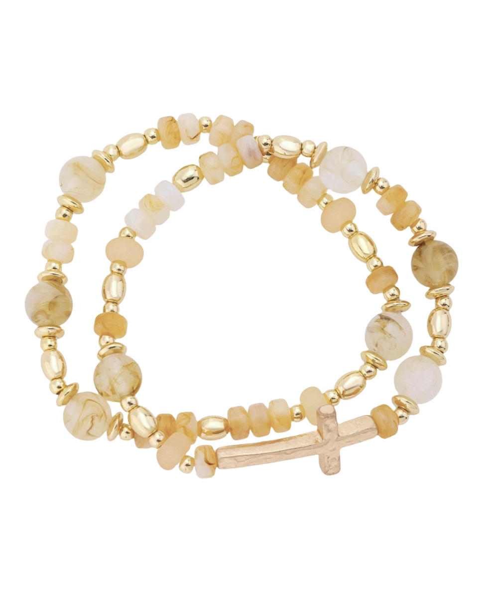 2 Row Cross & Marble Stone Bracelet Beige