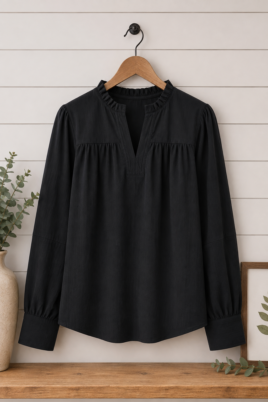 Lydia Long Sleeve Solid Crinkled Top Black