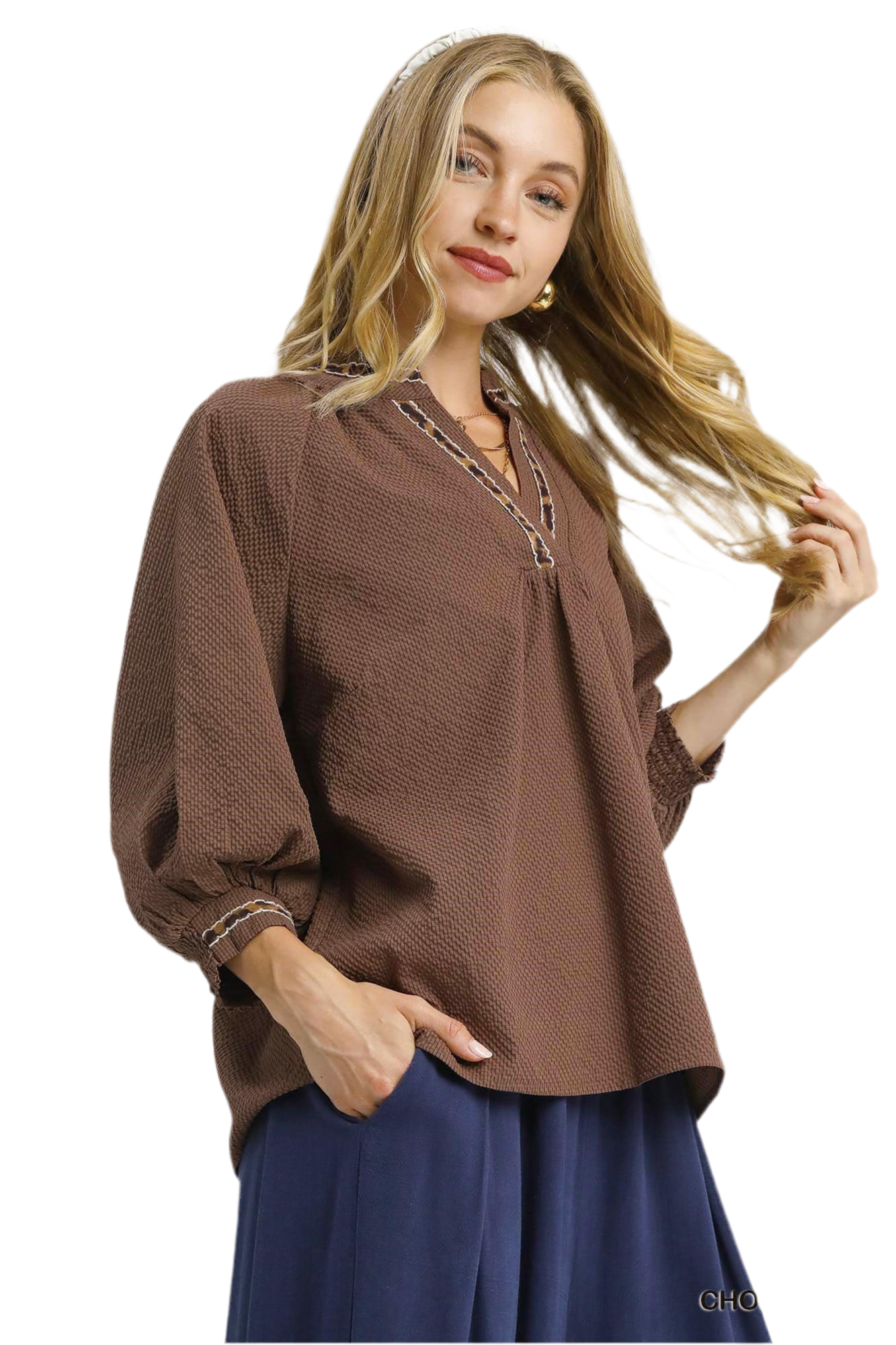 Allie Animal Print Trim V Neck Collared Top Chocolate