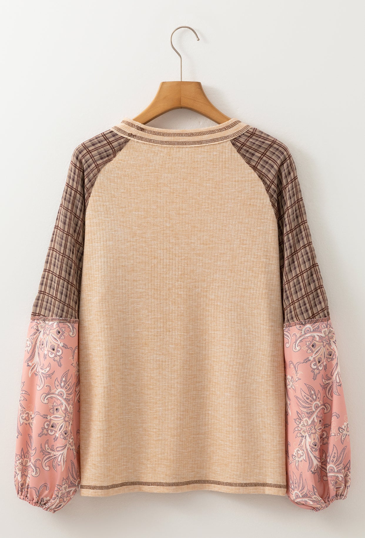 Mia Mixed Print Raglan Sleeve Patchwork Top Taupe