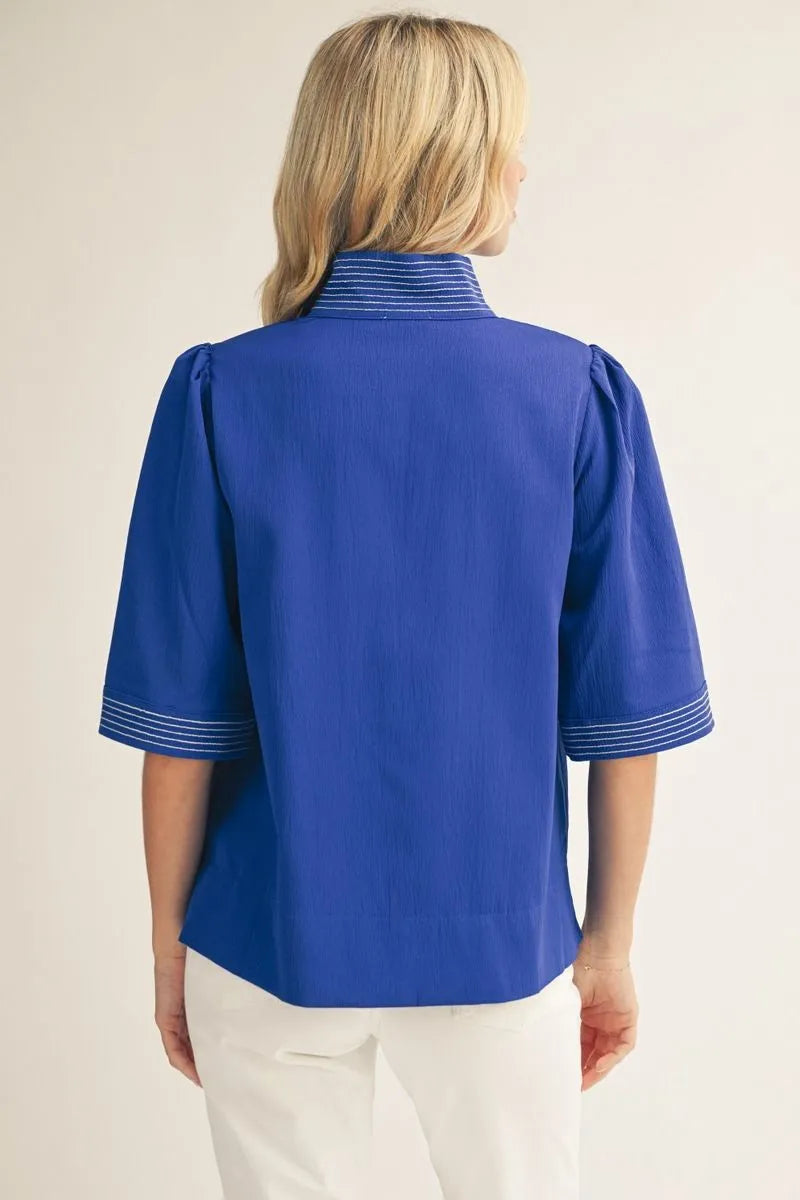 Sally 1/2 Sleeve Top Contrast Stitch Detail Royal Blue