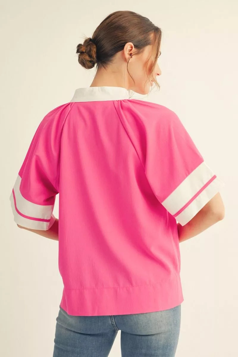 Heather 1/2 Sleeve Color Block Top Hot Pink