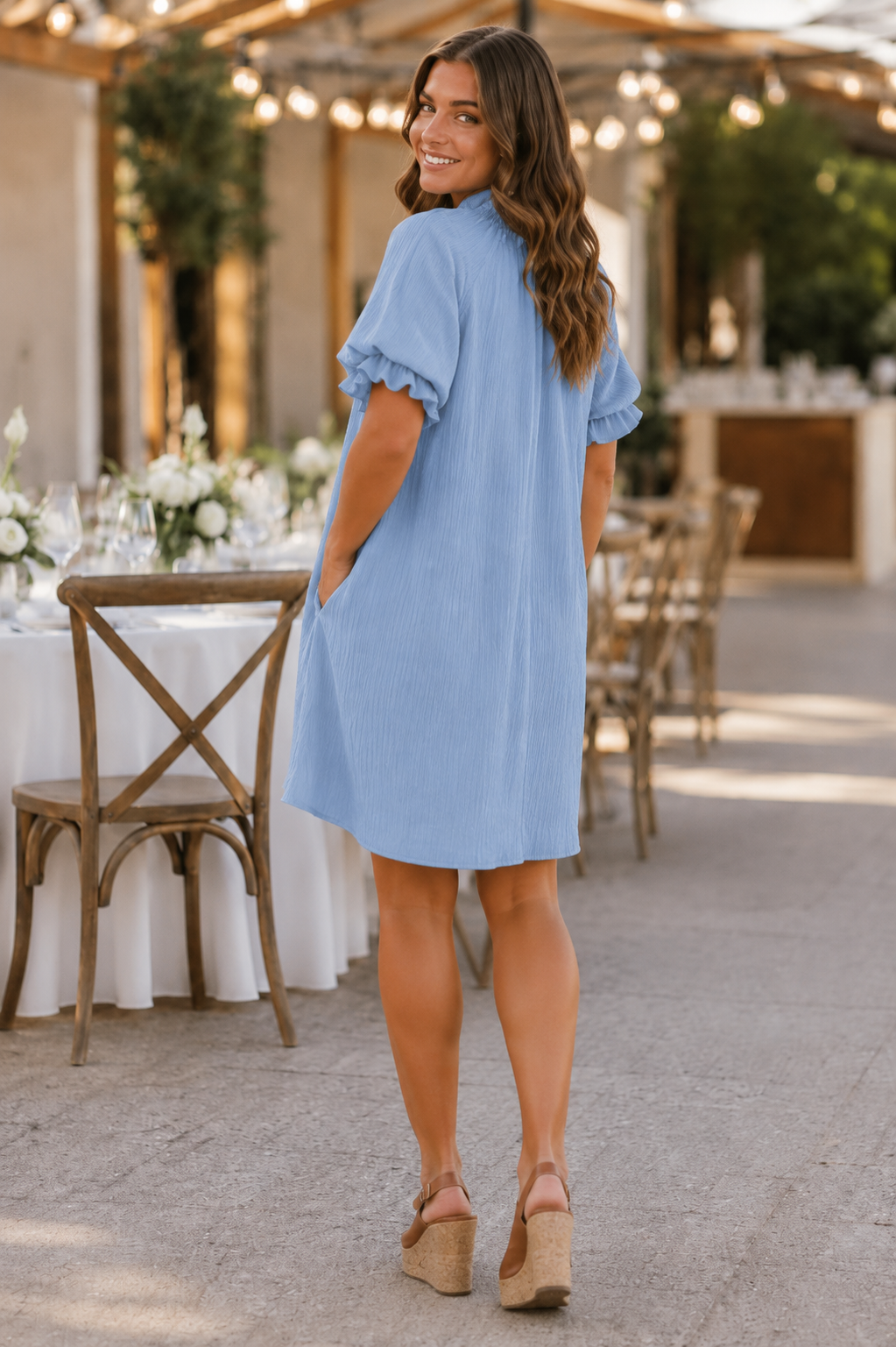 Tammy Textured Ruffle Sleeve Shift Dress Blue