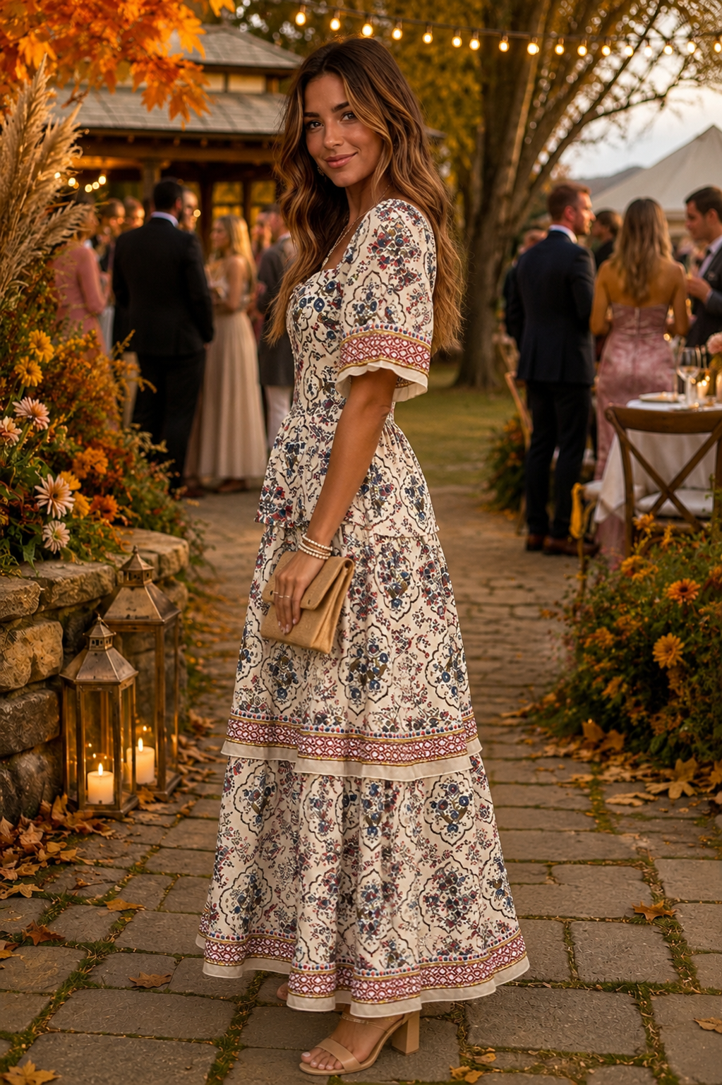 Beauty Queen Floral Print Tiered Skirt Midi Dress Cream'