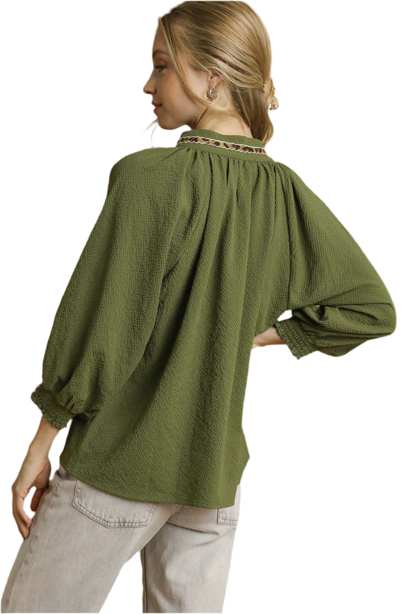 Allie Animal Print Trim V Neck Collared Top Olive