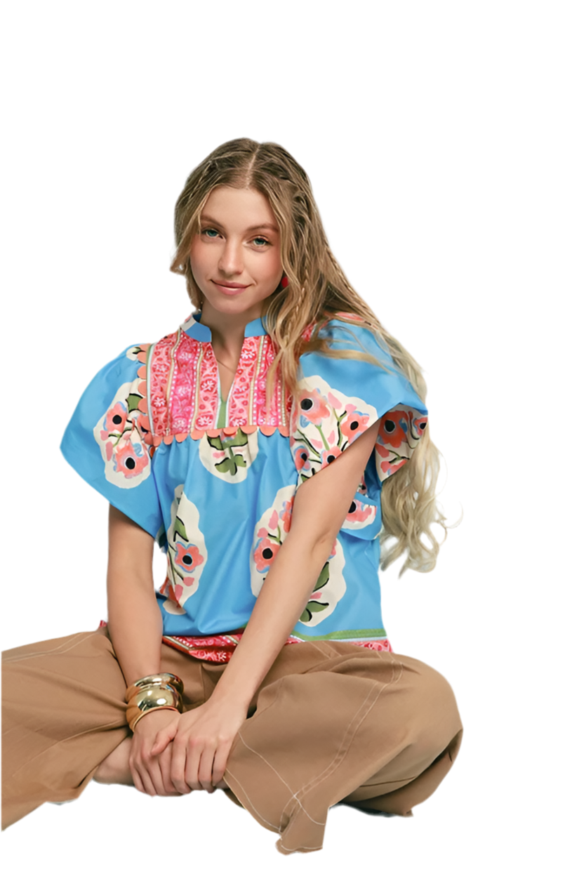 Bohemian Queen Floral Top Blue