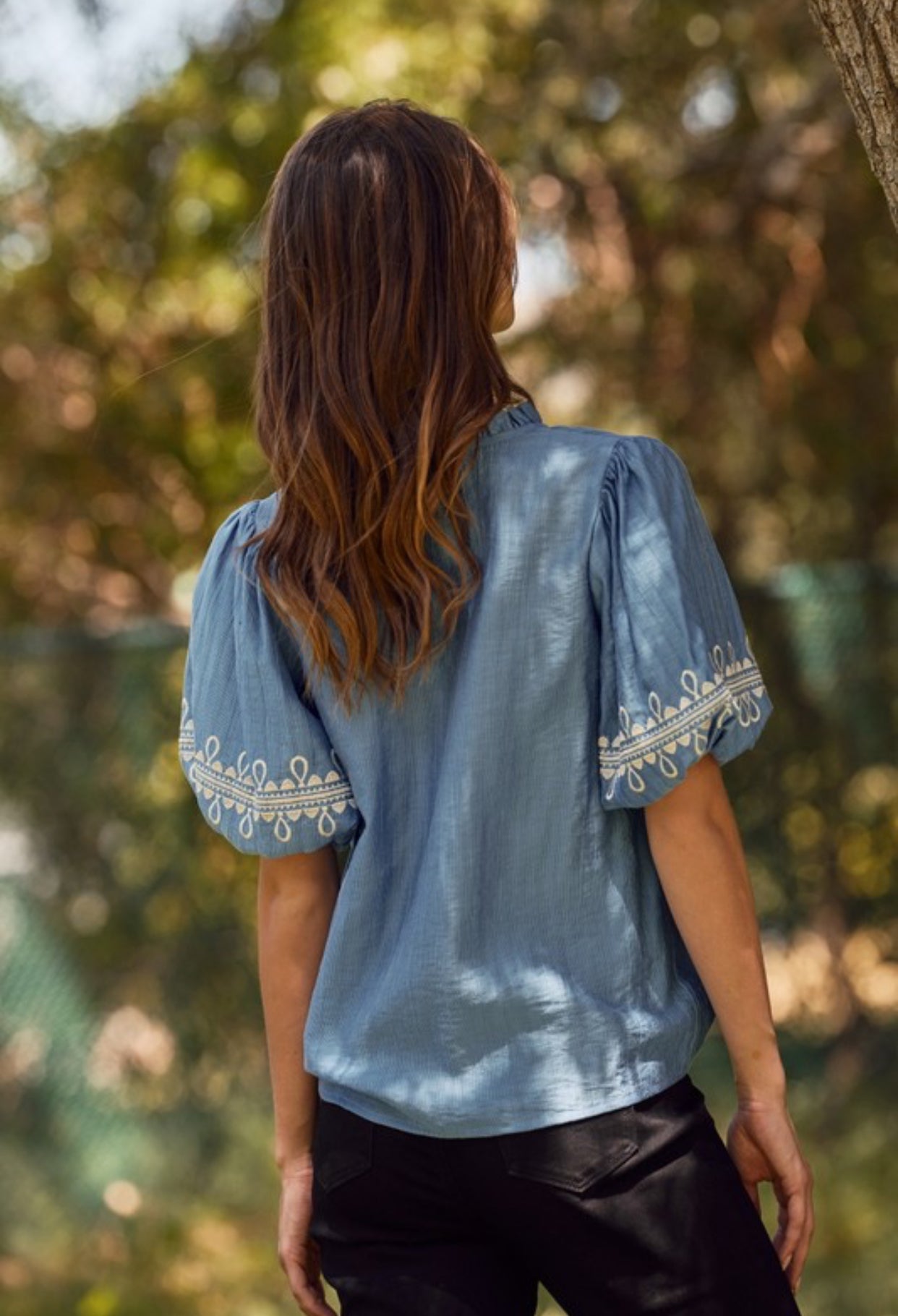 Bethany Embroidered Bubble Sleeve Blouse Azure Blue