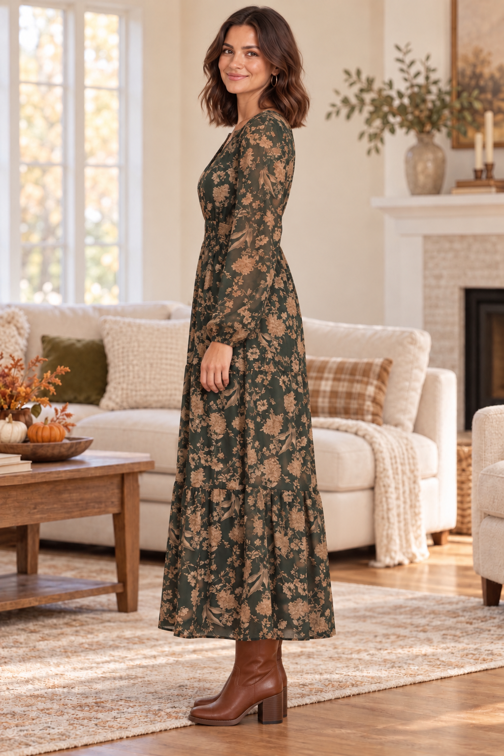 Leonora Long Sleeve Floral Tiered Maxi Dress Sea Green