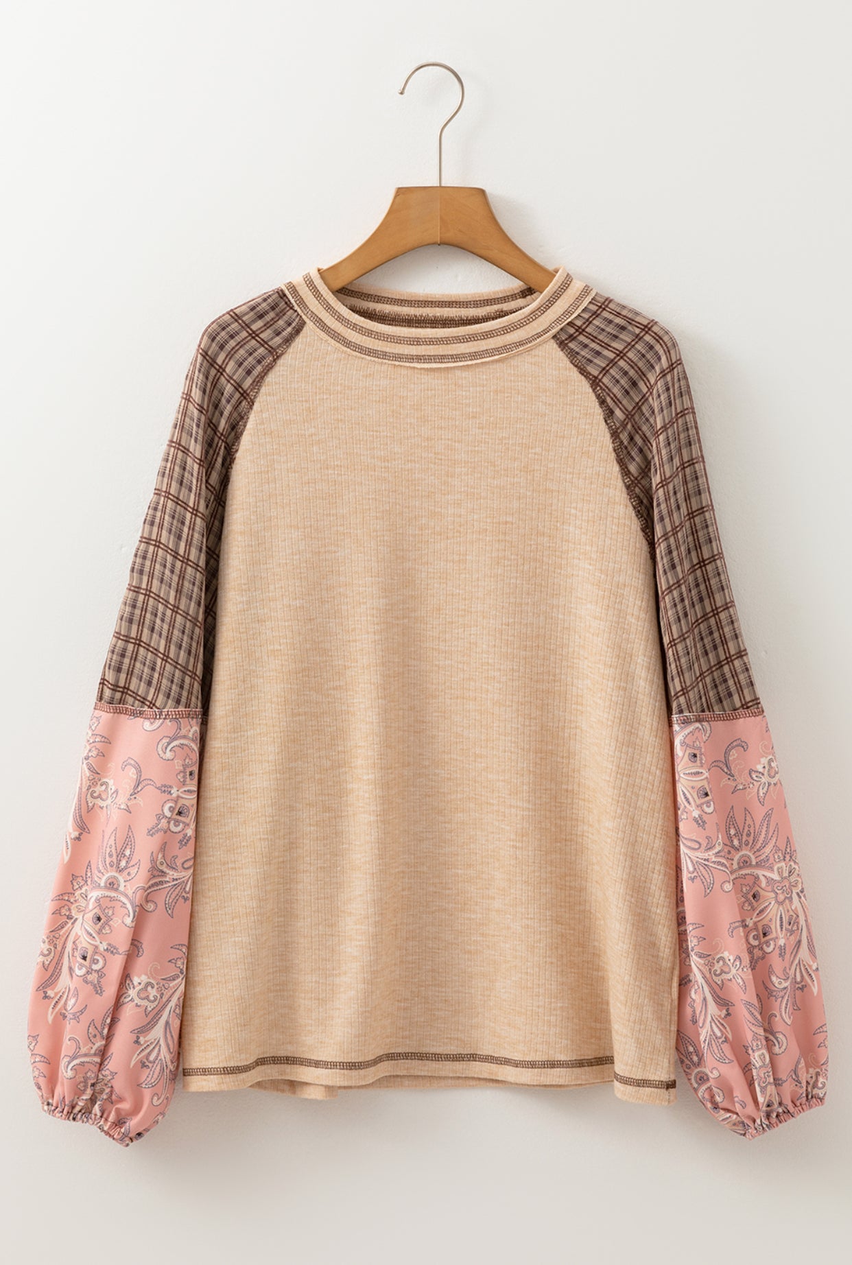 Mia Mixed Print Raglan Sleeve Patchwork Top Taupe