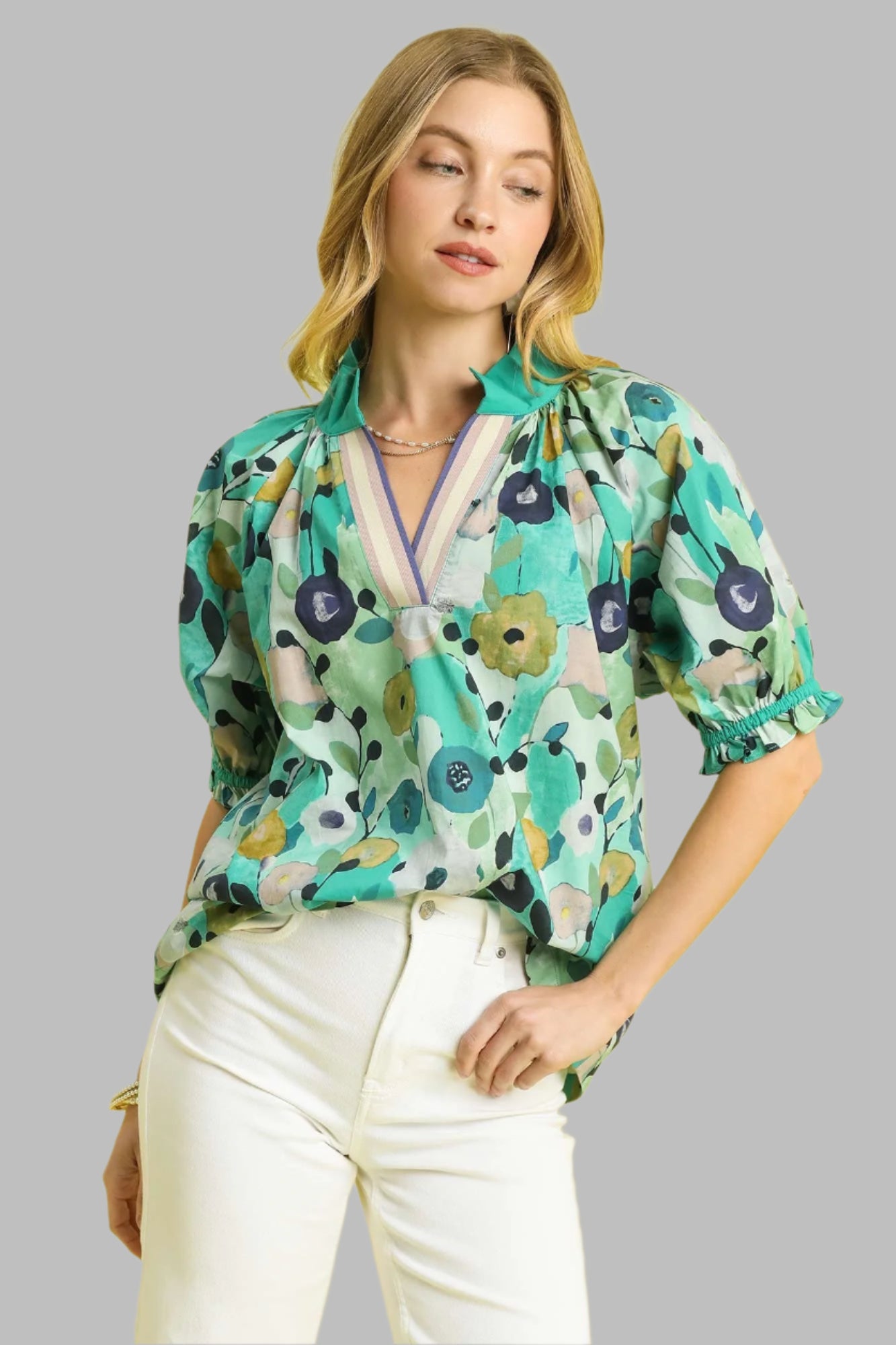 Charlotte Floral Print Split Neck Puff Sleeve Top Jade