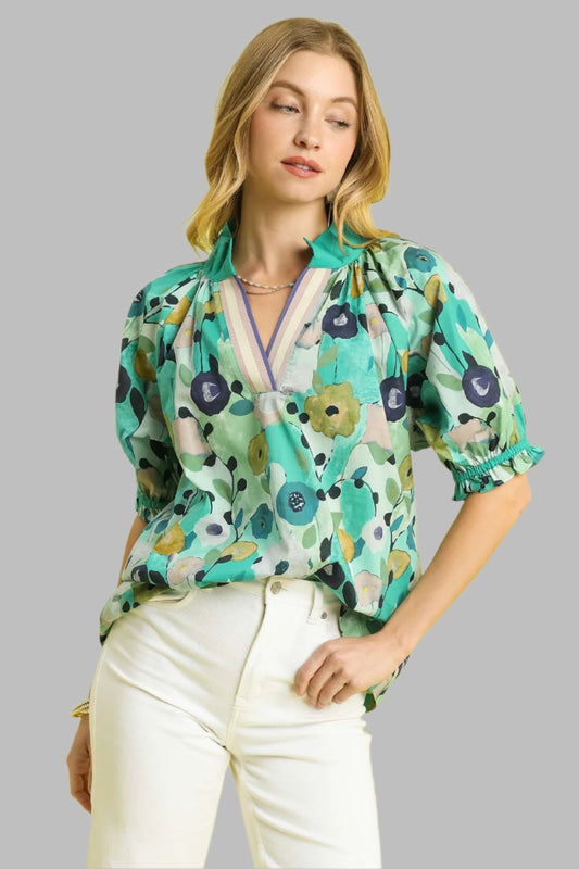 Charlotte Floral Print Split Neck Puff Sleeve Top Jade