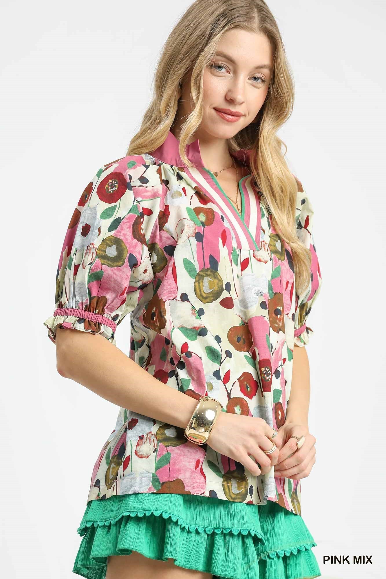 Charlotte Floral Print Split Neck Puff Sleeve Top Pink