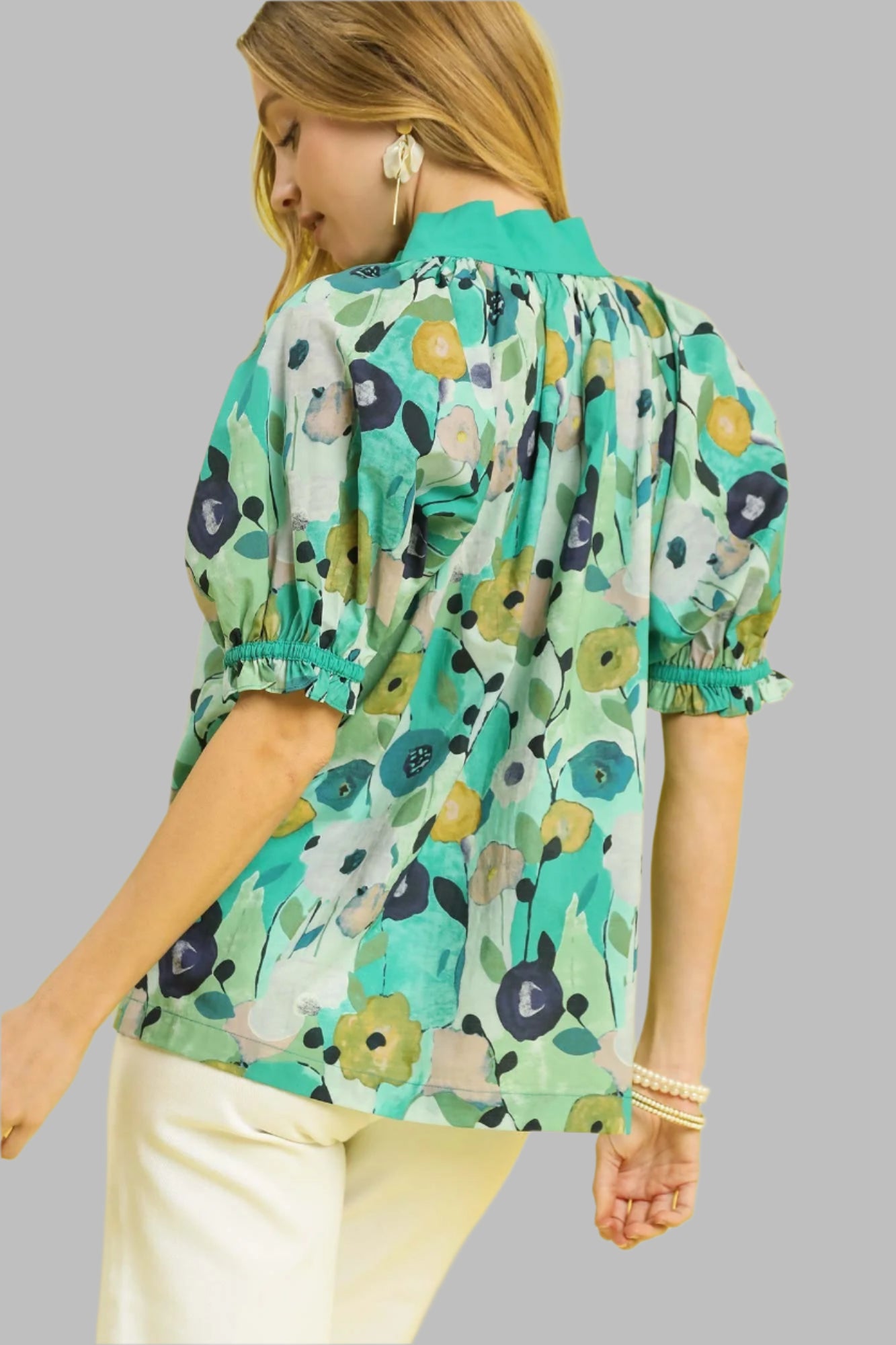 Charlotte Floral Print Split Neck Puff Sleeve Top Jade