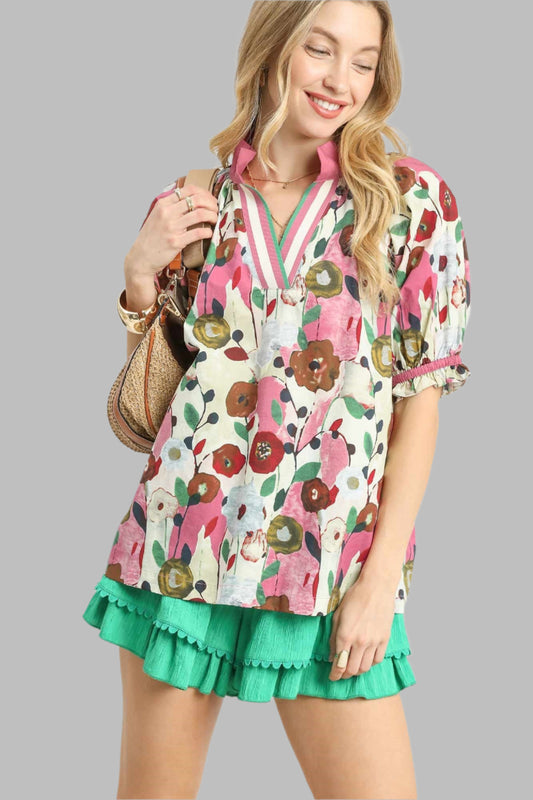 Charlotte Floral Print Split Neck Puff Sleeve Top Pink
