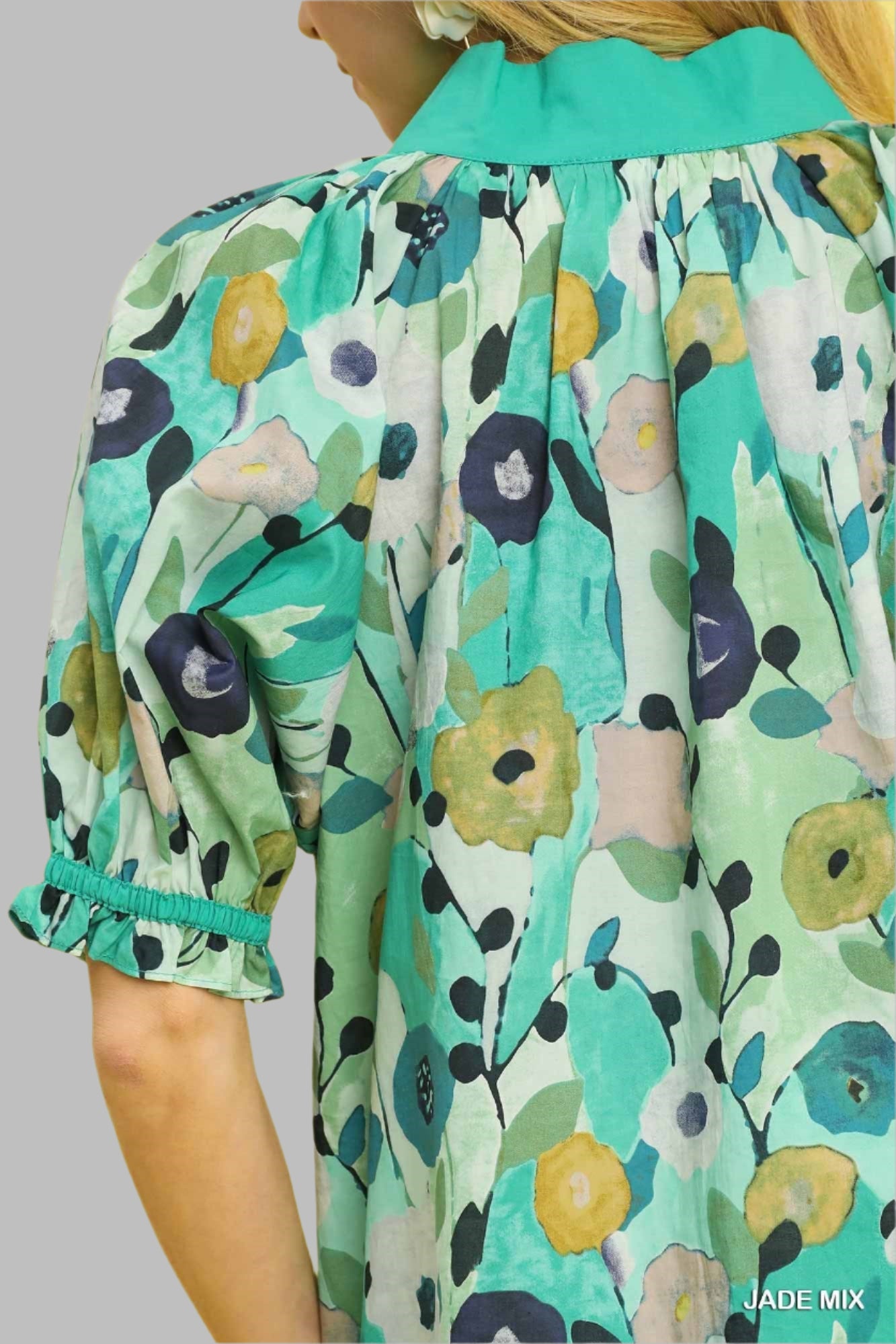 Charlotte Floral Print Split Neck Puff Sleeve Top Jade