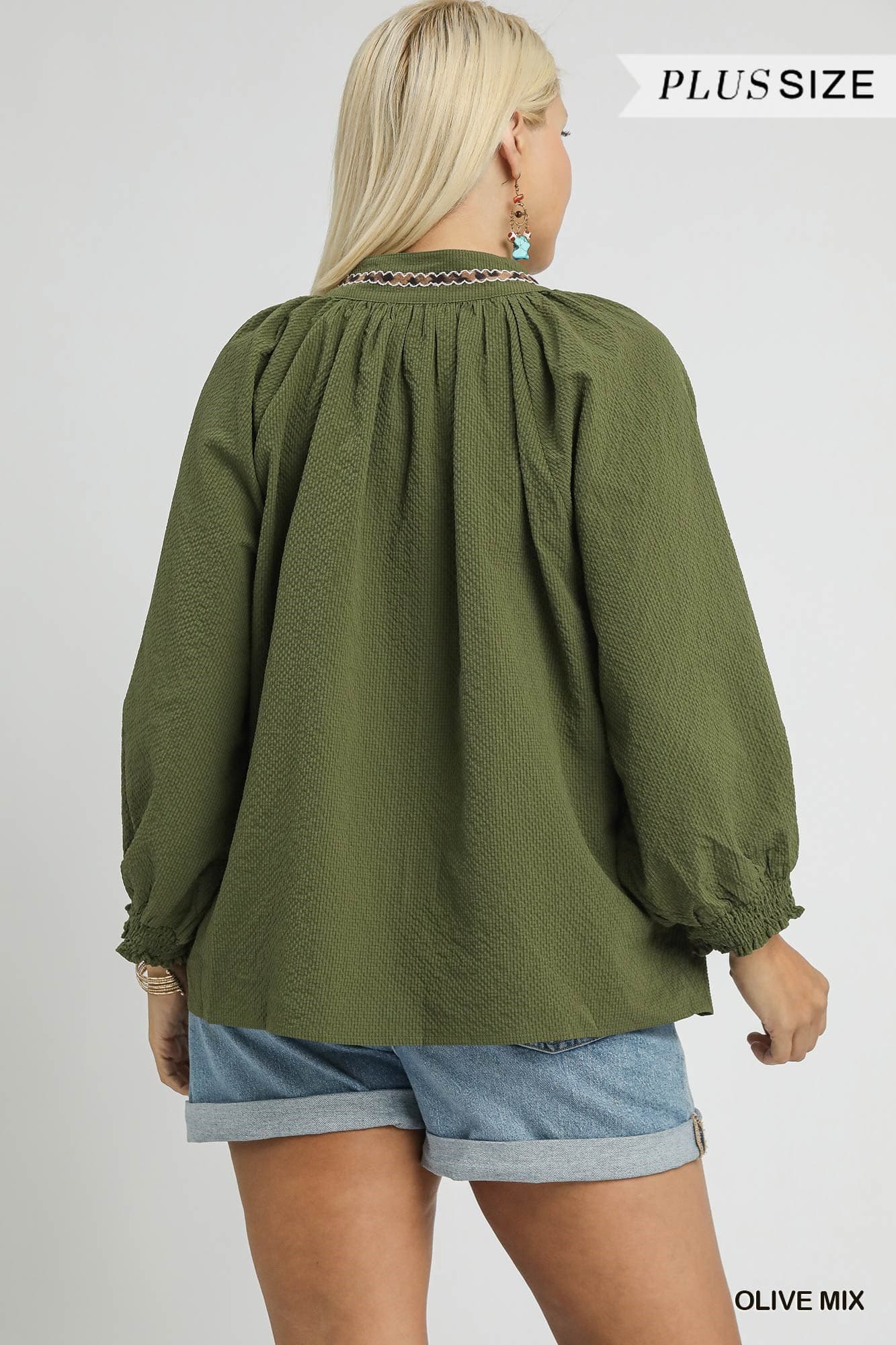 Allie Animal Print Trim V Neck Collared Top Olive